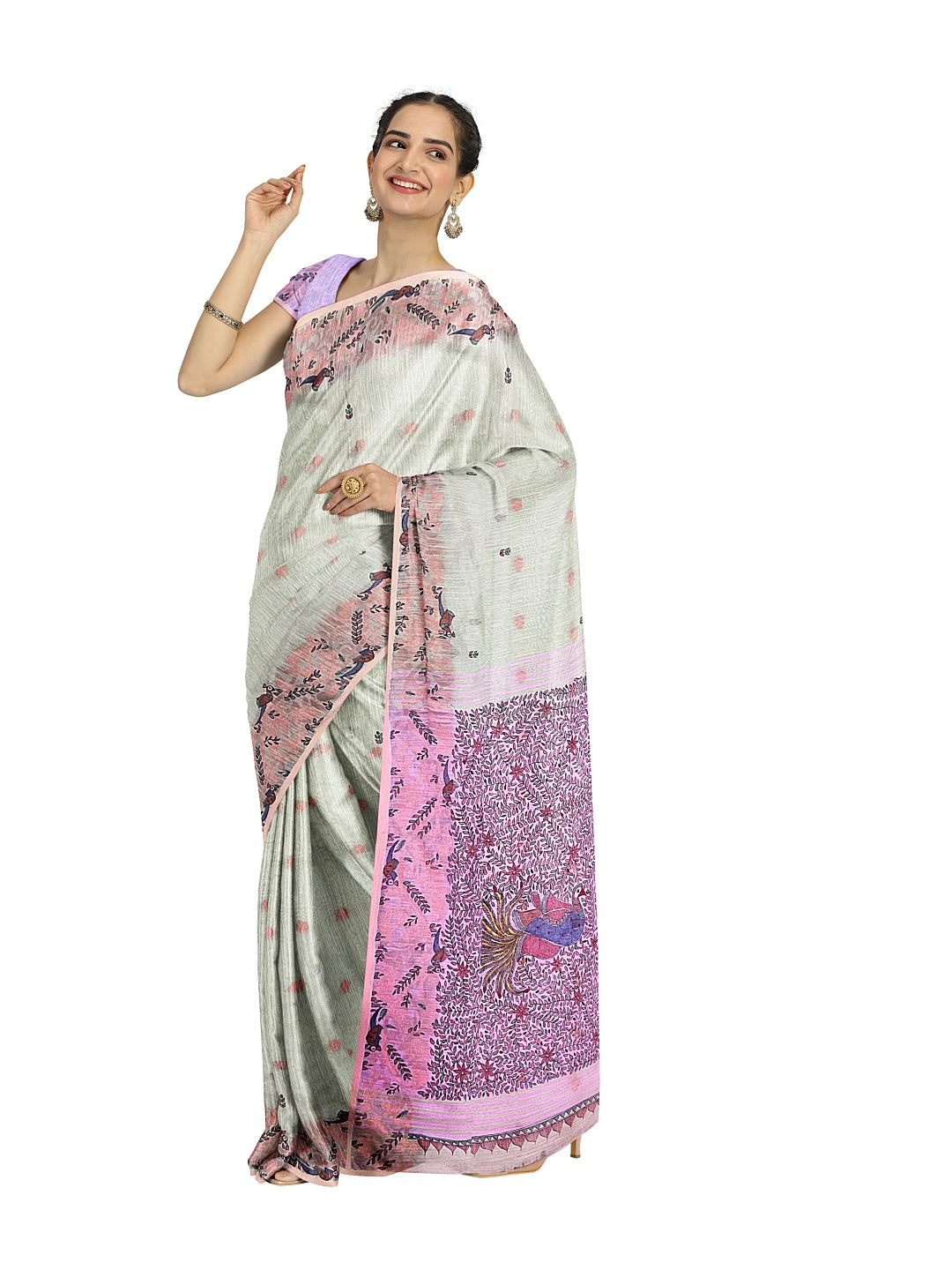 Jamdani Khadi Saree with Madhubani Art and Neem Zari